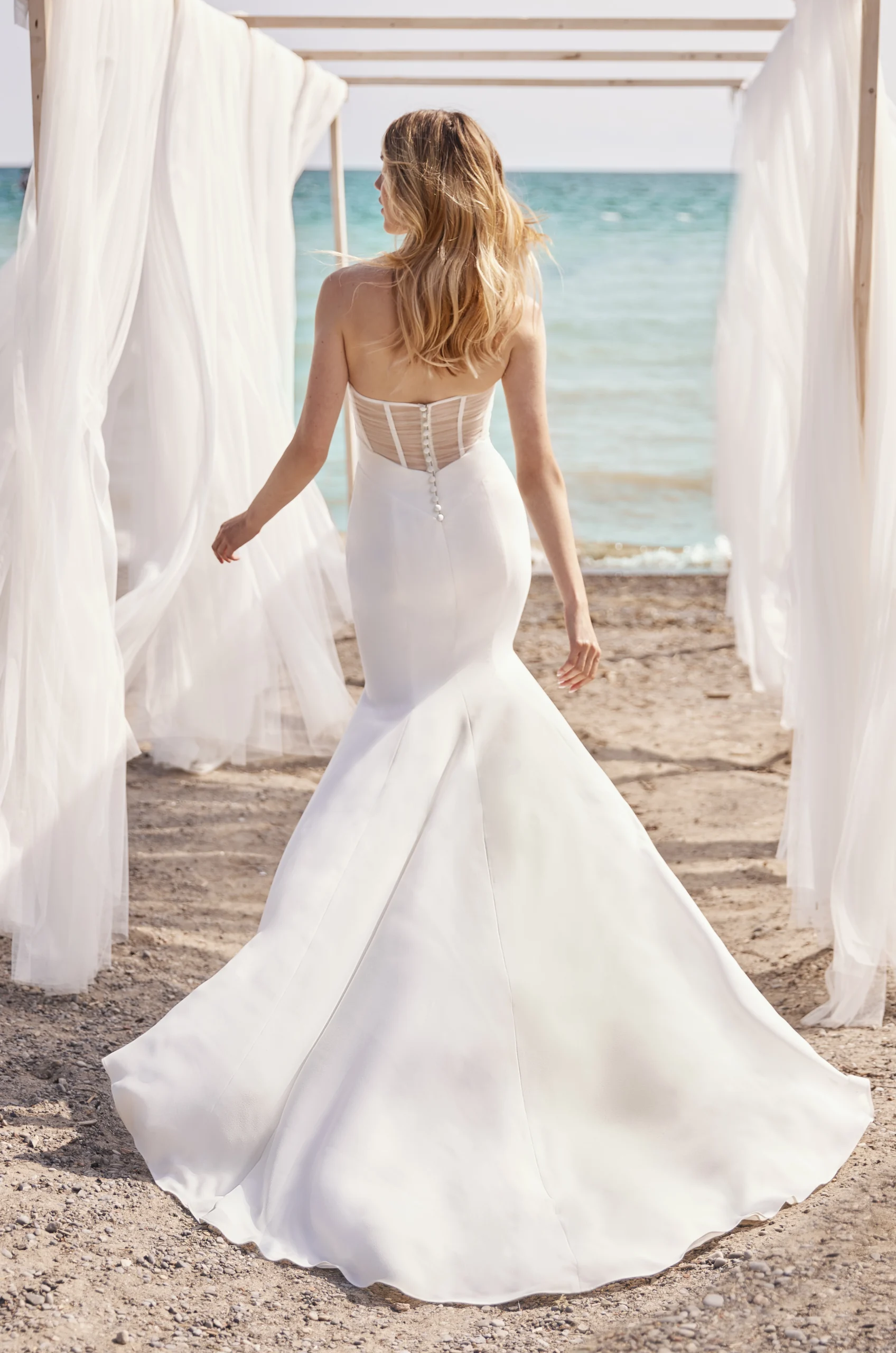 Crepe Wedding Dress with Detachable Tulle Sleeves - Style #M2476 | Mikaella Bridal