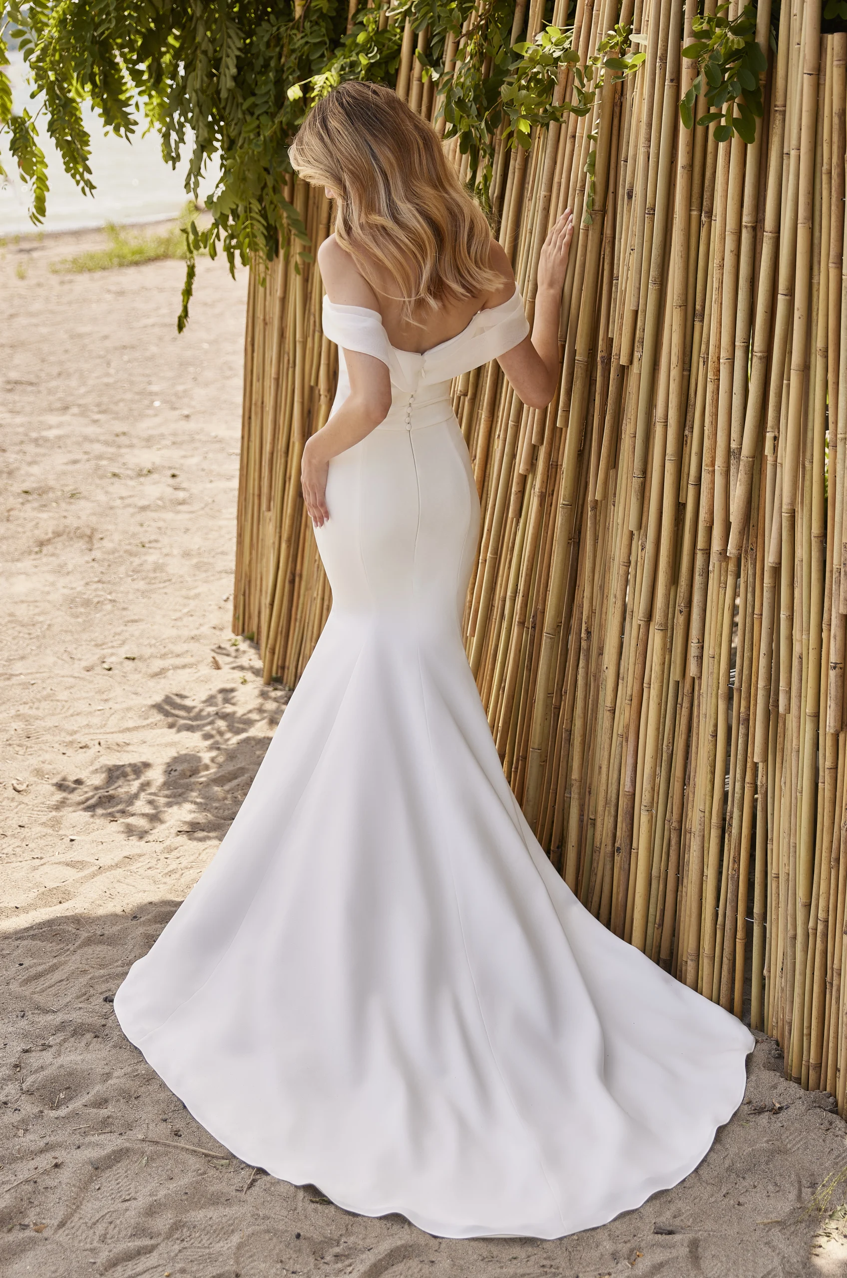 Modern Off The Shoulder Wedding Dress with Slit - Style #M2478 | Mikaella Bridal