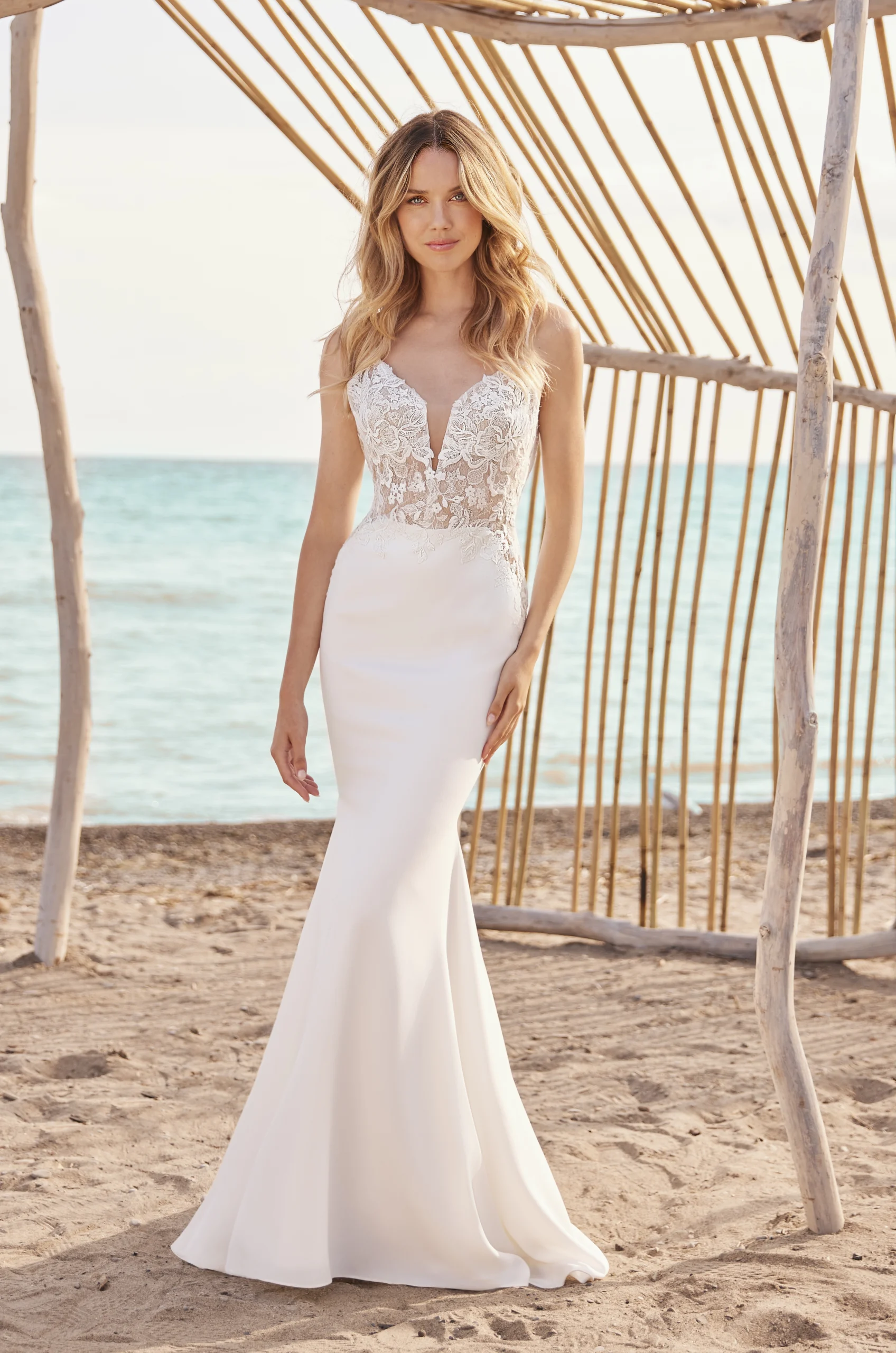 Detailed Lace Bodice with Fitted Crepe Skirt Wedding Dress - Style #M2483 from Mikaella Bridal