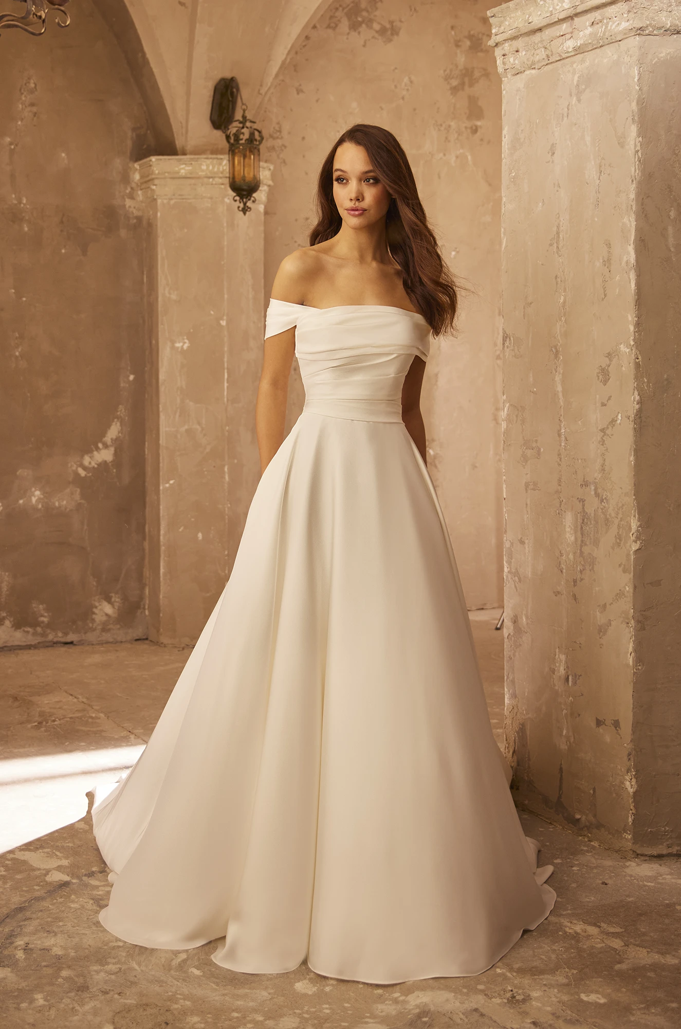 P5108 | Charmeuse Wedding Dress with Off-Shoulder Collar